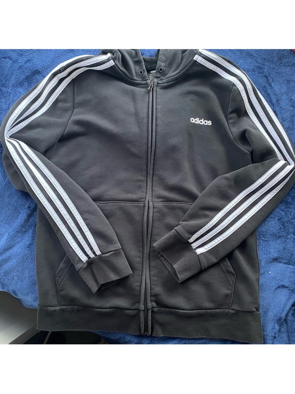 adidas black white three stripes down arms front logo zip up hoodie